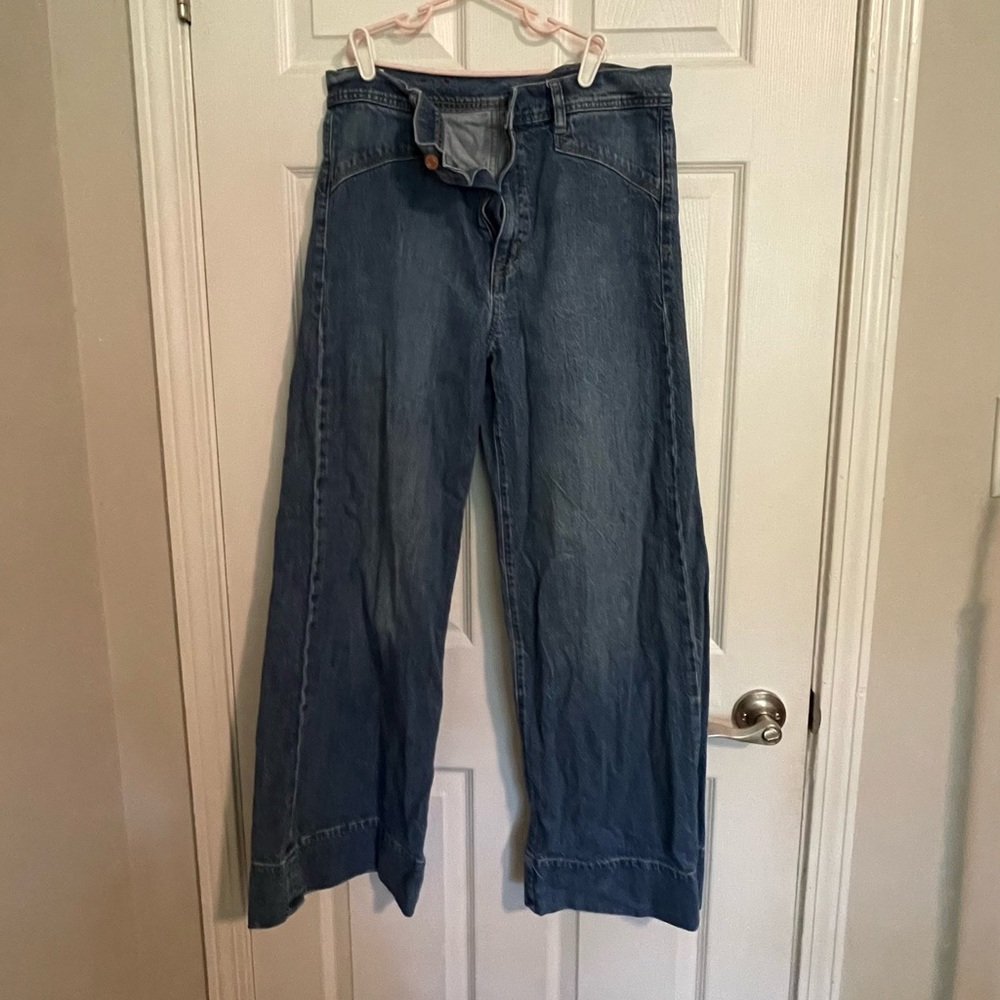 GAP wide-leg high rise medium wash jeans.